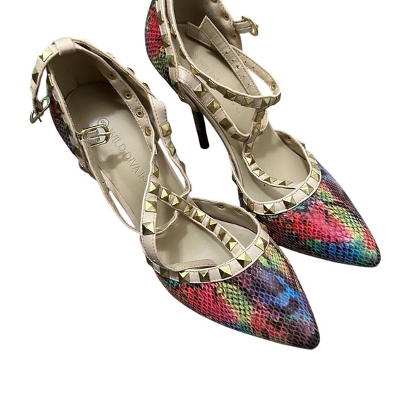 Wild Diva Lounge Rainbow Snakeskin Studded Strappy Pointed Toe Pumps Size 8 - Picture 2 of 5